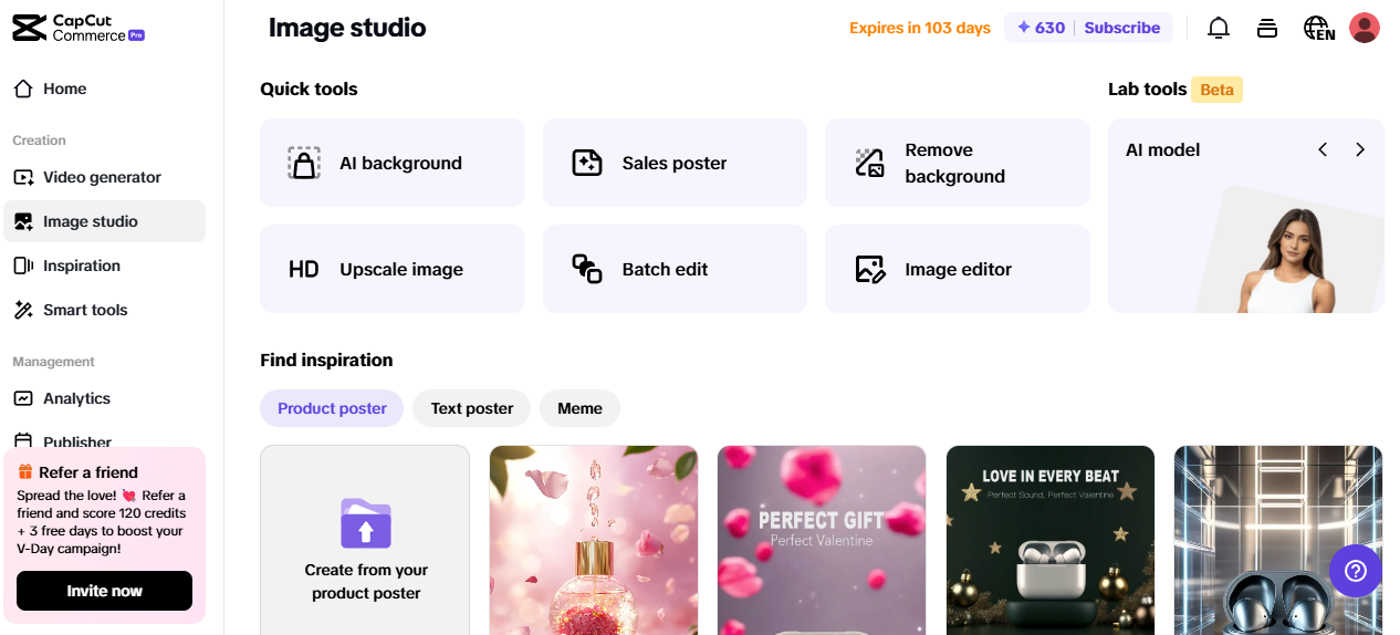 Pippit Image Studio with AI tools for posters, background removal, and sales optimization for Amazon sellers.